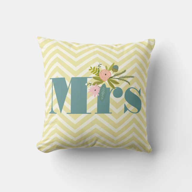 Mrs. Pale Yellow Ivory Teal Zig Zag Throw Pillow (Front)