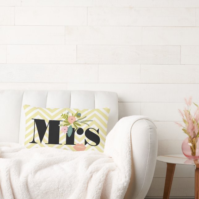 Mrs. Pale Yellow White Teal Zig Zag Lumbar Pillow (Couch)