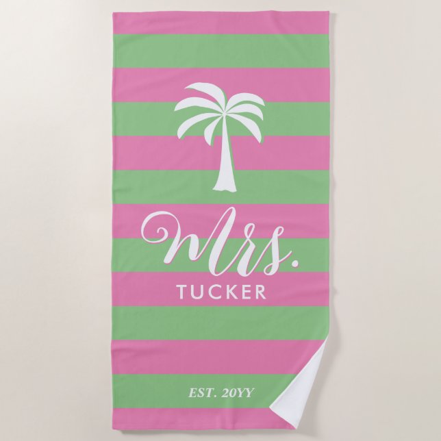 Mrs. Palm Tree Beachy Pink Green Wedding Gift Beach Towel (Front)