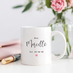 Mrs Personalized Black Script Last Name Wedding Coffee Mug<br><div class="desc">Custom Mrs. coffee mug for her features modern black script text that can be personalized with the newlywed bride's married last name and established wedding date. Includes a cute pink heart accent. Makes a special gift for the newly married Mrs!</div>