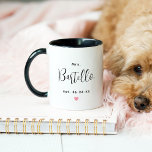 Mrs Personalized Black Script Last Name Wedding Mug<br><div class="desc">Custom Mrs. coffee mug for her features modern black script text that can be personalized with the newlywed bride's married last name and established wedding date. Includes a cute pink heart accent. Makes a special gift for the newly married Mrs!</div>
