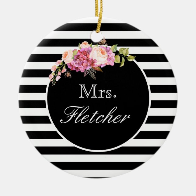 Mrs. Personalized Black & White Stripes & Flowers Ceramic Ornament (Front)