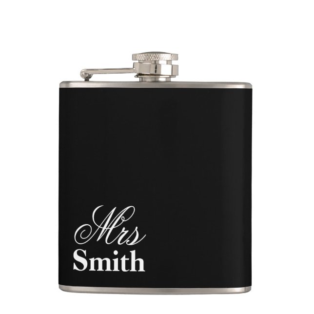 Mrs Personalized Name White Black Hip Flask (Front)