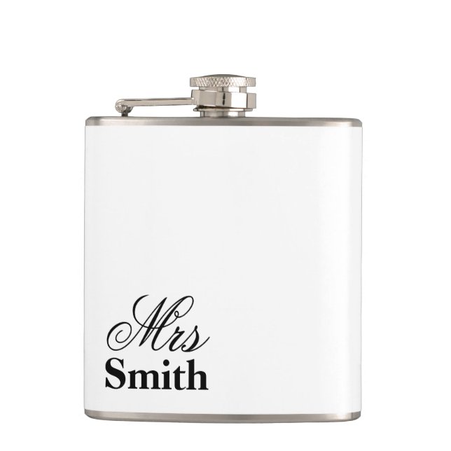 Mrs Personalized Name White Black Hip Flask (Front)