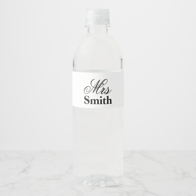 Mrs Personalized Name White Black Water Bottle Label (Front)