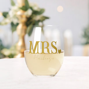 Mrs Personalized Newly Weds Stemless Wine Glass