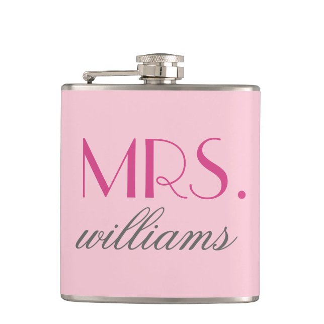 Mrs Pink Script Wedding Custom Last Name Hip Flask (Front)