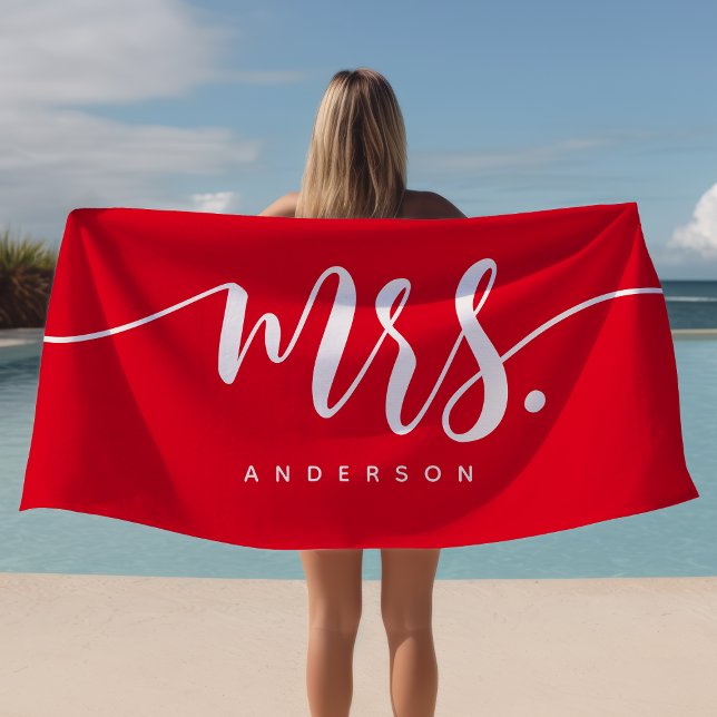 Mrs Red And White Newlywed Bride Personalized Beach Towel (Creator Uploaded)