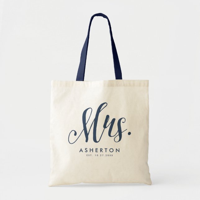 Mrs. script navy blue newlywed bride tote bag (Front)