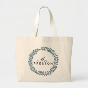 Mrs. Steel Blue Vine   Watercolor Wreath Large Tote Bag