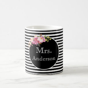 Mrs. Surname Black & White Stripes and Flowers Coffee Mug