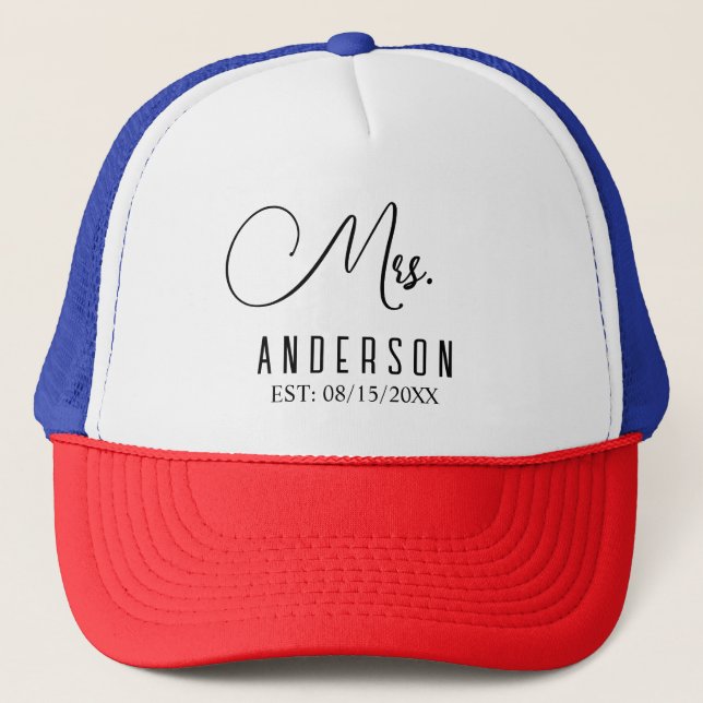  mrs text and custom surname with date Trucker Hat (Front)