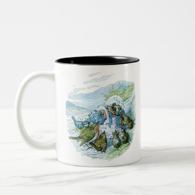 Mrs TIGGY-WINKLE gives the birds their clothes Two-Tone Coffee Mug (Left)