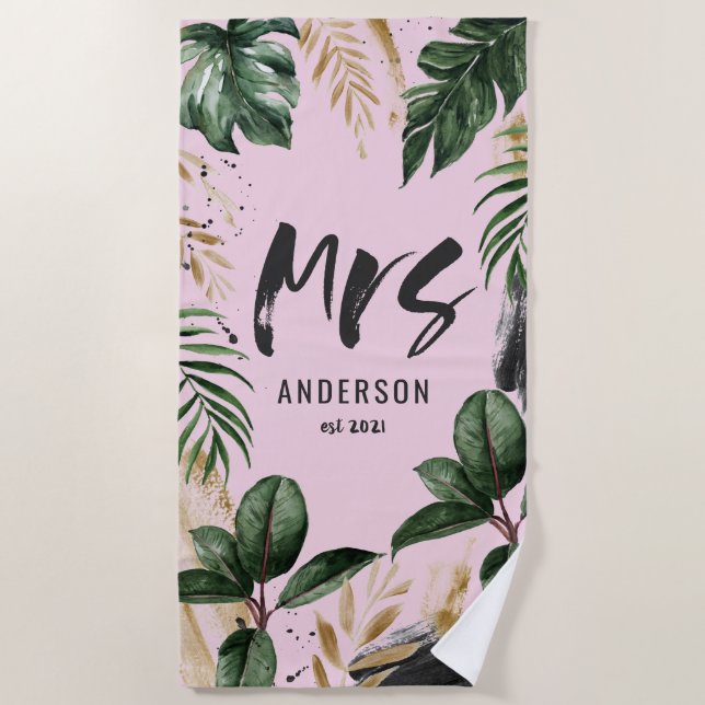 Mrs tropical botanical pink girly chic typography beach towel (Front)