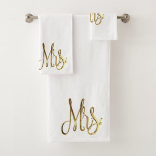 Mrs. White and Gold Look Elegant Typography Bath Towel Set