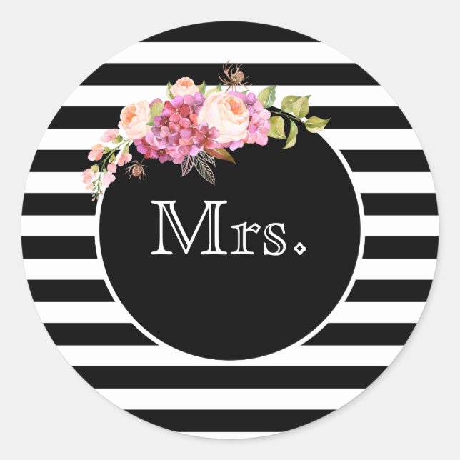 Mrs. with Black & White Stripes and Flowers Classic Round Sticker (Front)