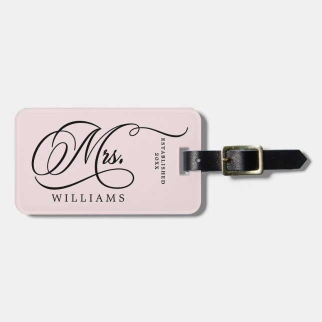 Mrs. Year Established Newlyweds Calligraphy  Luggage Tag (Front Horizontal)