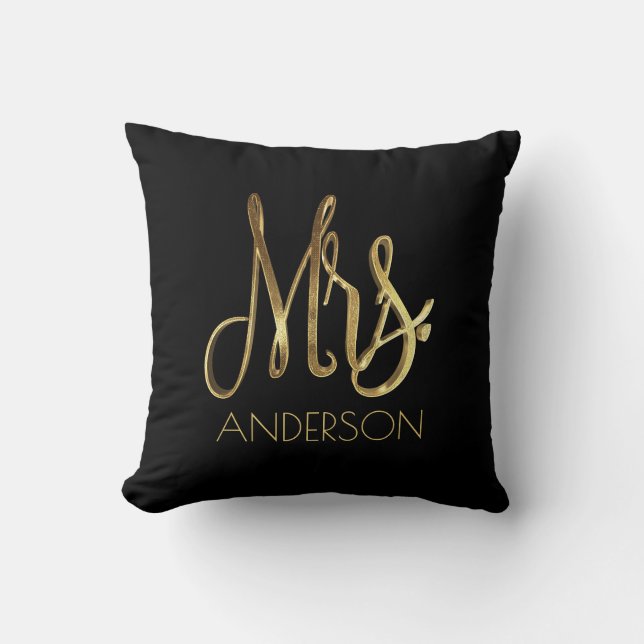 Mrs. Your Name Gold Look Typography Elegant Script Throw Pillow (Front)
