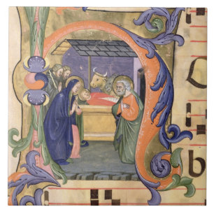 Ms 571 f.6r Historiated initial 'H' depicting the Tile