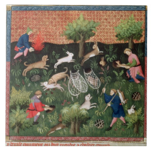 Ms Fr 616 fol.92 Hunting hares, from the Livre de Tile