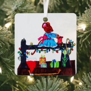 MS. MOUSE MAKES A SANTA HAT METAL ORNAMENT