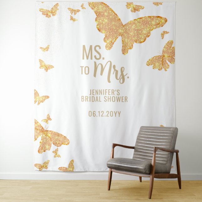 Ms Mrs Boho Gold Butterfly White Bridal Backdrop Tapestry (In Situ)