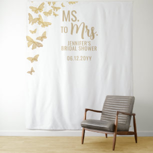 Ms Mrs Gold Butterflies Chic White Bridal Backdrop Tapestry