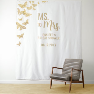 Ms Mrs Gold Butterfly White Bridal Backdrop Tapestry