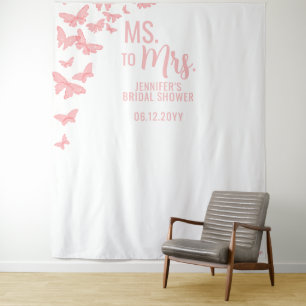 Ms Mrs Pink Butterfly Chic White Bridal Backdrop Tapestry