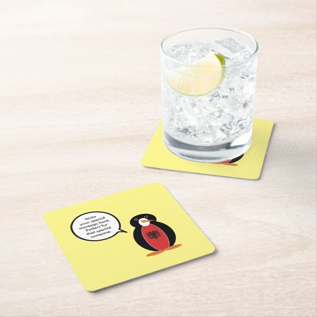 Ms Penguin Albanian Flag Talks Square Paper Coaster (Insitu)