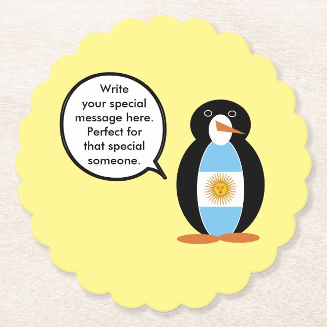 Ms Penguin Argentine Flag Talks Paper Coaster (Front)