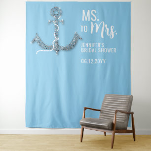 Ms to Mrs Anchor Beach Blue Bridal Shower Backdrop Tapestry
