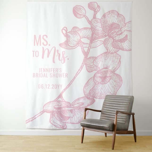 Ms to Mrs Boho Pink Orchid White Bridal Backdrop Tapestry (In Situ)
