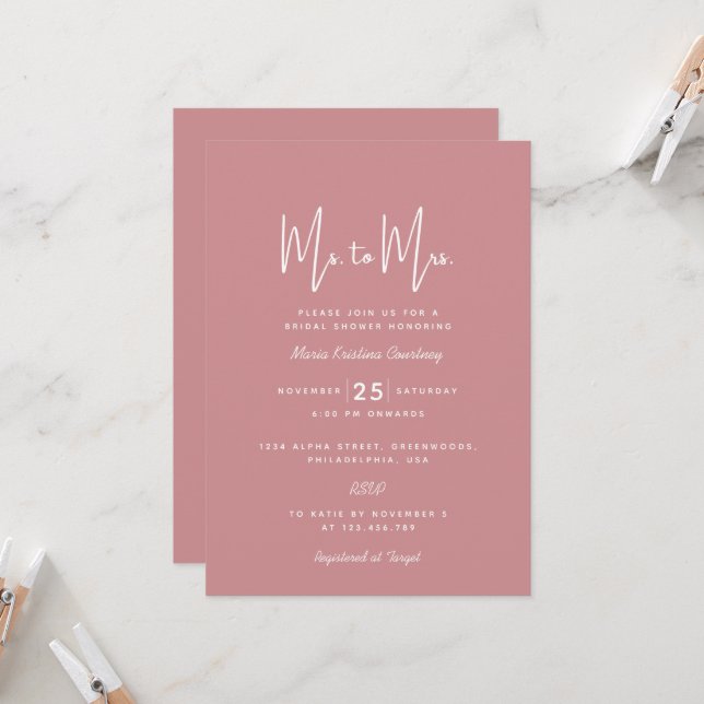 Ms. to Mrs. Bridal Shower Puce Pink Calligraphy Invitation (Front/Back In Situ)