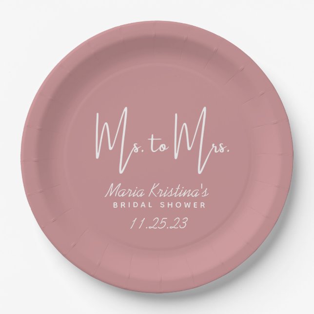 Ms. to Mrs. Bridal Shower Puce Pink Calligraphy Paper Plate (Front)