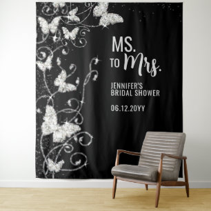 Ms to Mrs Butterflies Black Bridal Shower Backdrop Tapestry