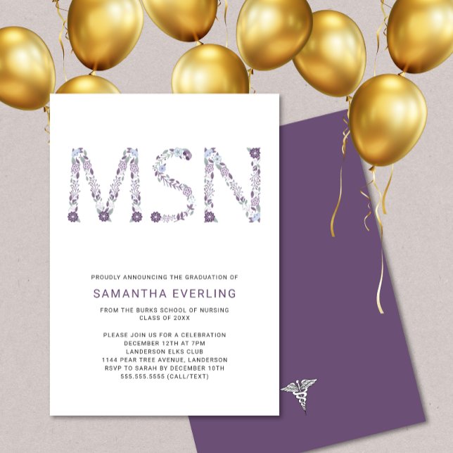 MSN graduation celebration, floral nurse purple Invitation (Creator Uploaded)