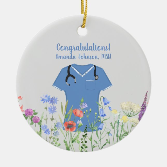 MSN Nurse Blue Scrubs Ceramic Ornament (Front)