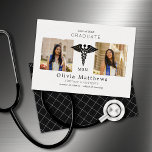 MSN Two Photo Nursing White Black Insignia<br><div class="desc">These professional 5" x 7" Master of Science in Nursing announcements feature a white medical insignia (Caduceus Rod-of Asclepius)
in the centre with placeholders for two of your favourite photos on an white background with black lettering.</div>