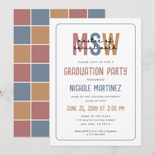 MSW Master of Social Work Graduation Invitation (Front/Back)