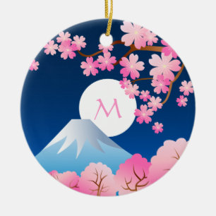 Mt Fuji Cherry Blossoms Spring Japan Night Sakura Ceramic Ornament