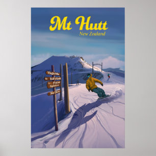 Mt Hutt New Zealand Snowboarding Travel Poster