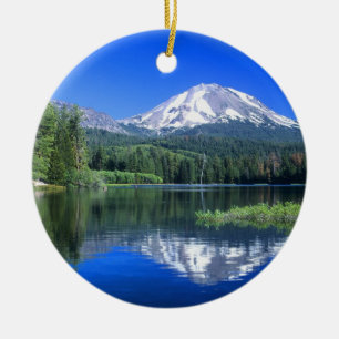 Mt. Lassen rises above Manzanita Lake Ceramic Ornament