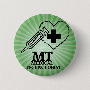 MT LOGO SYRINGE HEART MEDICAL TECH 2 INCH ROUND BUTTON