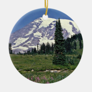 Mt. Rainer, Washington Red flowers Ceramic Ornament