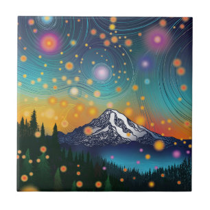 Mt. Rainier Evening Starry Sky and Fireflies Tile