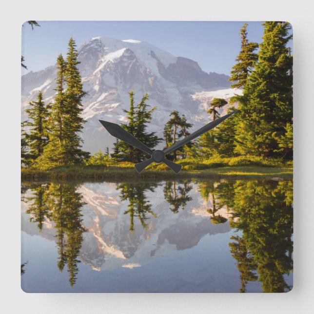 Mt. Rainier reflected in a tarn near Plummer Peak Square Wall Clock (Front)