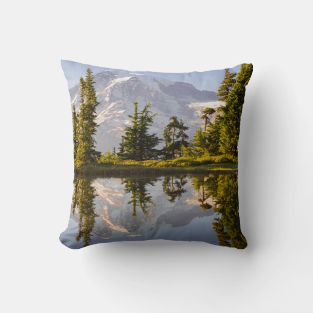 Mt. Rainier reflected in a tarn near Plummer Peak Throw Pillow (Front)