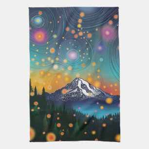 Mt. Rainier w Evening Starry Sky and Fireflies Kitchen Towel