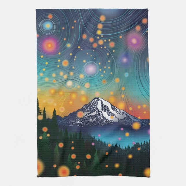 Mt. Rainier w Evening Starry Sky and Fireflies Kitchen Towel (Vertical)